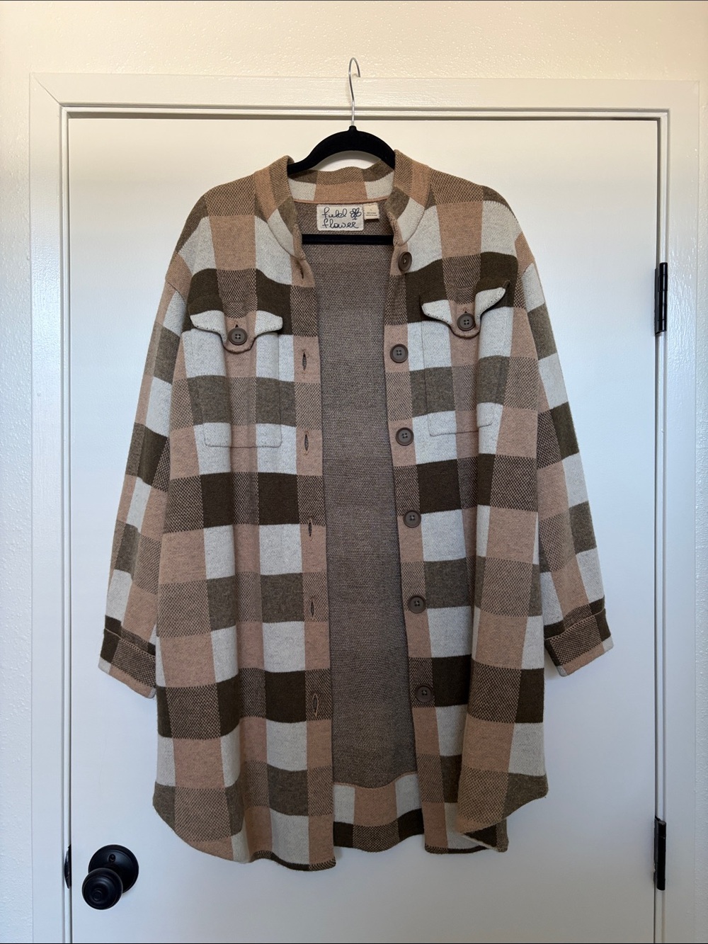 100% Wool Long-line Plaid Button-Up Shacket - Beige, Cream & Olive
